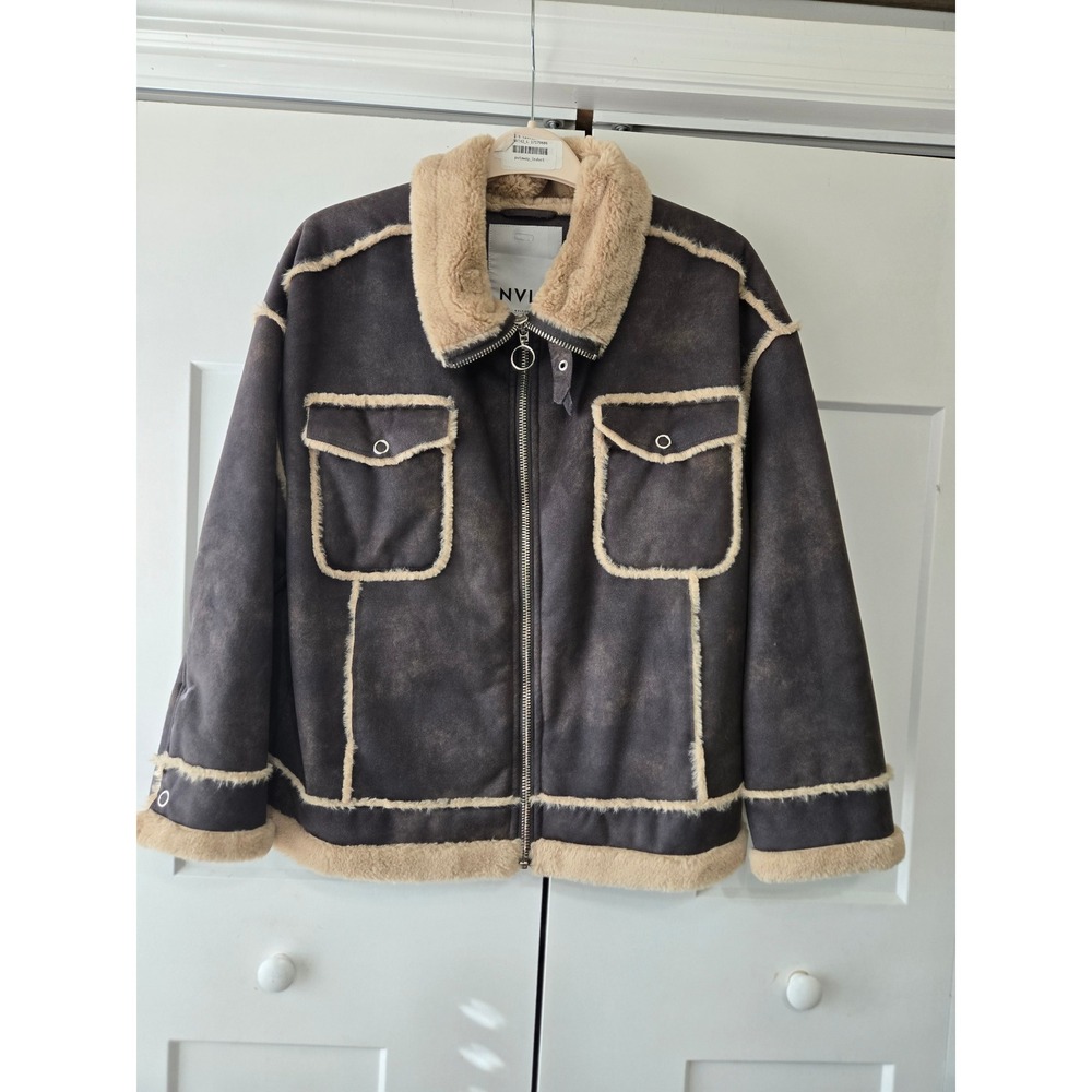 NVLT Womens Faux Suede Shearling Aviator Jacket Distressed Brown Large L Zip